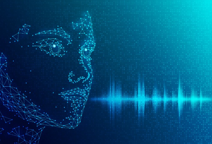 sempercon ai nlp blue background AI face of blue dots, with a voice wave file coming form mouth