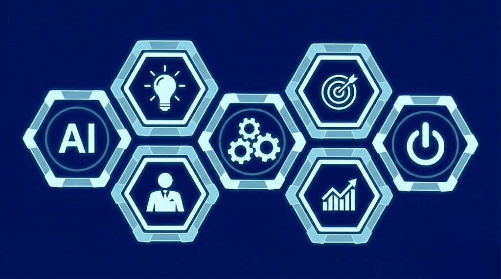 The letters AI or artificial intelligence and other business symbols